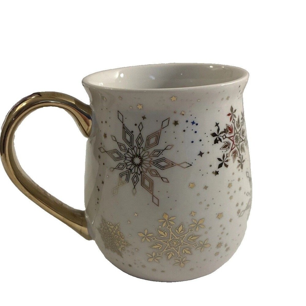 Grateful Gatherings Large Porcelain Oversized Holiday Mug White Gold Snowflake